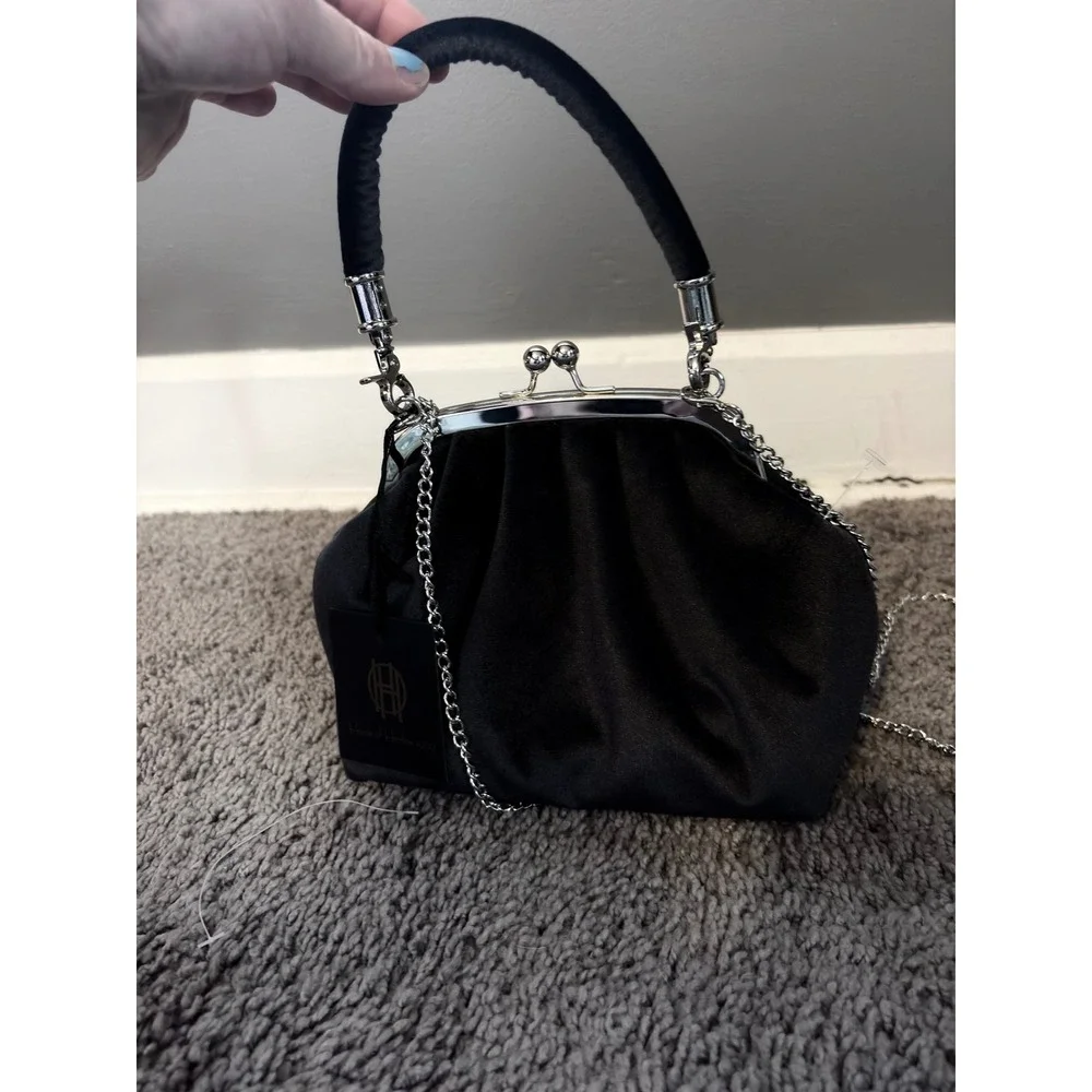 House of‎ Harlow 1960 Black velvet Kiss Lock Top Handle Clutch Crossbody NWT